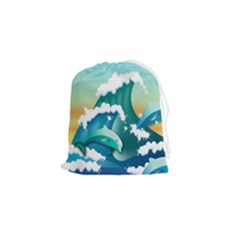 Dolphin Seagull Sea Ocean Wave Drawstring Pouch (small) by Wegoenart