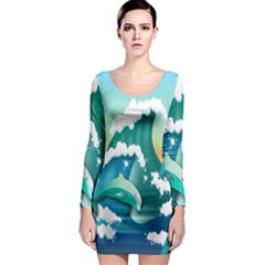 Dolphin Seagull Sea Ocean Wave Long Sleeve Bodycon Dress by Wegoenart