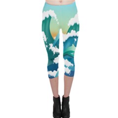 Dolphin Seagull Sea Ocean Wave Capri Leggings  by Wegoenart