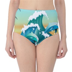 Dolphin Seagull Sea Ocean Wave Classic High-waist Bikini Bottoms by Wegoenart