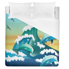 Dolphin Seagull Sea Ocean Wave Duvet Cover (queen Size) by Wegoenart