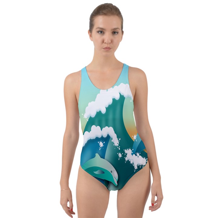 Dolphin Seagull Sea Ocean Wave Cut-Out Back One Piece Swimsuit