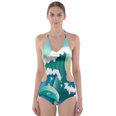 Dolphin Seagull Sea Ocean Wave Cut-out One Piece Swimsuit by Wegoenart