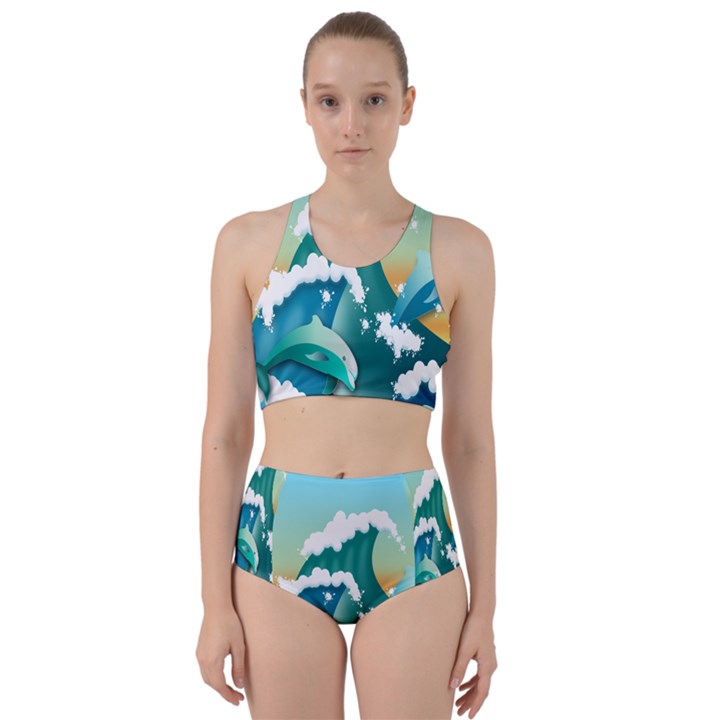 Dolphin Seagull Sea Ocean Wave Racer Back Bikini Set