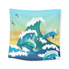 Dolphin Seagull Sea Ocean Wave Square Tapestry (small) by Wegoenart