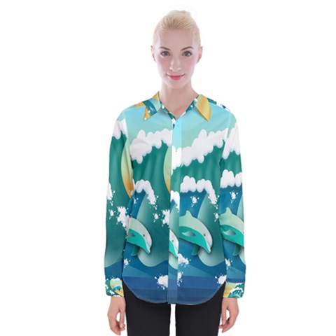 Dolphin Seagull Sea Ocean Wave Womens Long Sleeve Shirt by Wegoenart