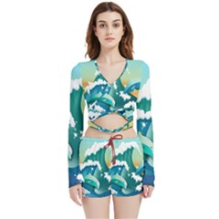 Dolphin Seagull Sea Ocean Wave Velvet Wrap Crop Top And Shorts Set by Wegoenart