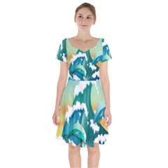 Dolphin Seagull Sea Ocean Wave Short Sleeve Bardot Dress by Wegoenart