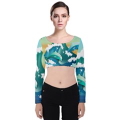 Dolphin Seagull Sea Ocean Wave Velvet Long Sleeve Crop Top by Wegoenart