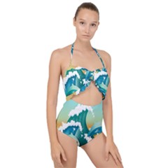 Dolphin Seagull Sea Ocean Wave Scallop Top Cut Out Swimsuit by Wegoenart