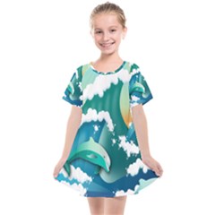 Dolphin Seagull Sea Ocean Wave Kids  Smock Dress by Wegoenart