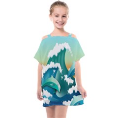 Dolphin Seagull Sea Ocean Wave Kids  One Piece Chiffon Dress by Wegoenart