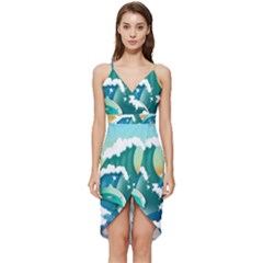 Dolphin Seagull Sea Ocean Wave Wrap Frill Dress by Wegoenart