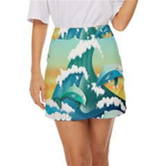 Dolphin Seagull Sea Ocean Wave Mini Front Wrap Skirt by Wegoenart