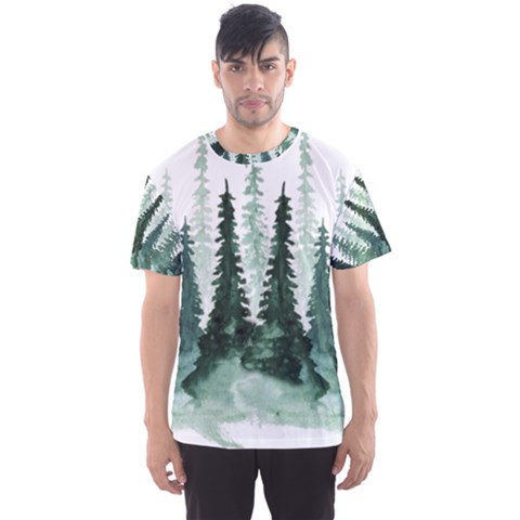 Tree Watercolor Painting Pine Forest Green  Nature Men s Sport Mesh Tee by Wegoenart