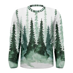 Tree Watercolor Painting Pine Forest Green  Nature Men s Long Sleeve Tee by Wegoenart