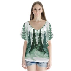 Tree Watercolor Painting Pine Forest Green  Nature V-neck Flutter Sleeve Top by Wegoenart