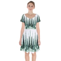 Tree Watercolor Painting Pine Forest Green  Nature Short Sleeve Bardot Dress by Wegoenart