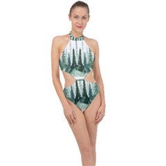 Tree Watercolor Painting Pine Forest Green  Nature Halter Side Cut Swimsuit by Wegoenart