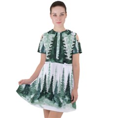 Tree Watercolor Painting Pine Forest Green  Nature Short Sleeve Shoulder Cut Out Dress  by Wegoenart