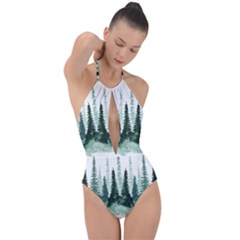 Tree Watercolor Painting Pine Forest Green  Nature Plunge Cut Halter Swimsuit by Wegoenart