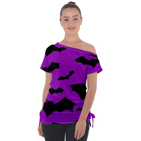 Goth Bats Purple Off Shoulder Tie-up Tee by GothicPunkNZ