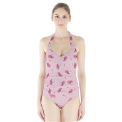 Flowers Pattern Pink Background Halter Swimsuit by Wegoenart