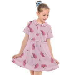 Flowers Pattern Pink Background Kids  Short Sleeve Shirt Dress by Wegoenart