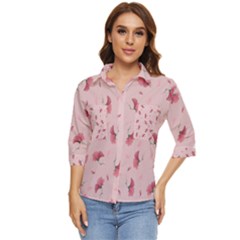 Flowers Pattern Pink Background Women s Quarter Sleeve Pocket Shirt