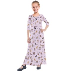 Puppies Dog Pattern Drawing Kids  Quarter Sleeve Maxi Dress by Wegoenart