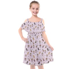 Puppies Dog Pattern Drawing Kids  Cut Out Shoulders Chiffon Dress by Wegoenart