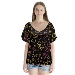 Background Graphic Beautiful V-neck Flutter Sleeve Top by Wegoenart