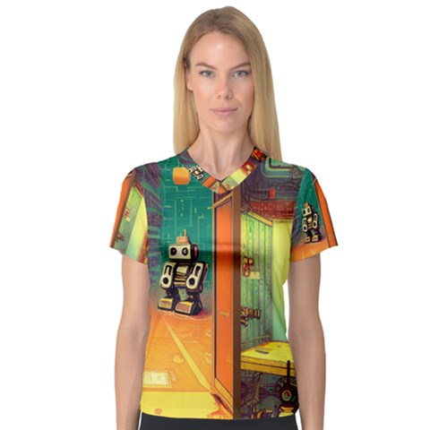 Illustration Robot Cute Sweet Futuristic V-neck Sport Mesh Tee by Wegoenart