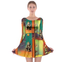 Illustration Robot Cute Sweet Futuristic Long Sleeve Skater Dress by Wegoenart