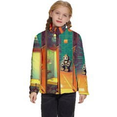 Illustration Robot Cute Sweet Futuristic Kids  Puffer Bubble Jacket Coat by Wegoenart