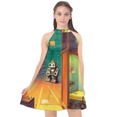 Illustration Robot Cute Sweet Futuristic Halter Neckline Chiffon Dress  by Wegoenart