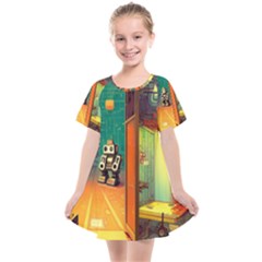 Illustration Robot Cute Sweet Futuristic Kids  Smock Dress by Wegoenart