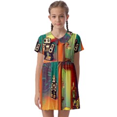 Illustration Robot Cute Sweet Futuristic Kids  Asymmetric Collar Dress by Wegoenart