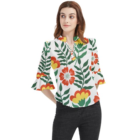 Painting Flower Leaves Forest Loose Horn Sleeve Chiffon Blouse by Wegoenart