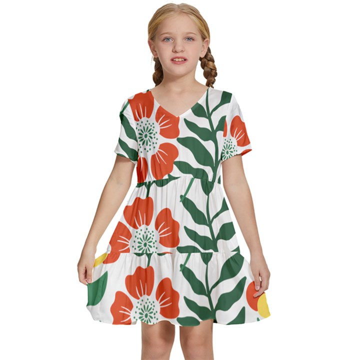 Painting Flower Leaves Forest Kids  Short Sleeve Tiered Mini Dress