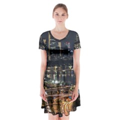 Seoul Building City Night View Short Sleeve V-neck Flare Dress by Wegoenart