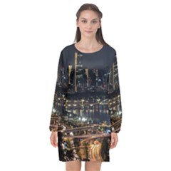 Seoul Building City Night View Long Sleeve Chiffon Shift Dress  by Wegoenart