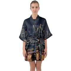 Seoul Building City Night View Half Sleeve Satin Kimono  by Wegoenart