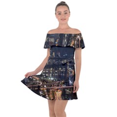 Seoul Building City Night View Off Shoulder Velour Dress by Wegoenart