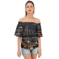 Seoul Building City Night View Off Shoulder Short Sleeve Top by Wegoenart