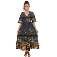 Seoul Building City Night View Kimono Sleeve Boho Dress by Wegoenart