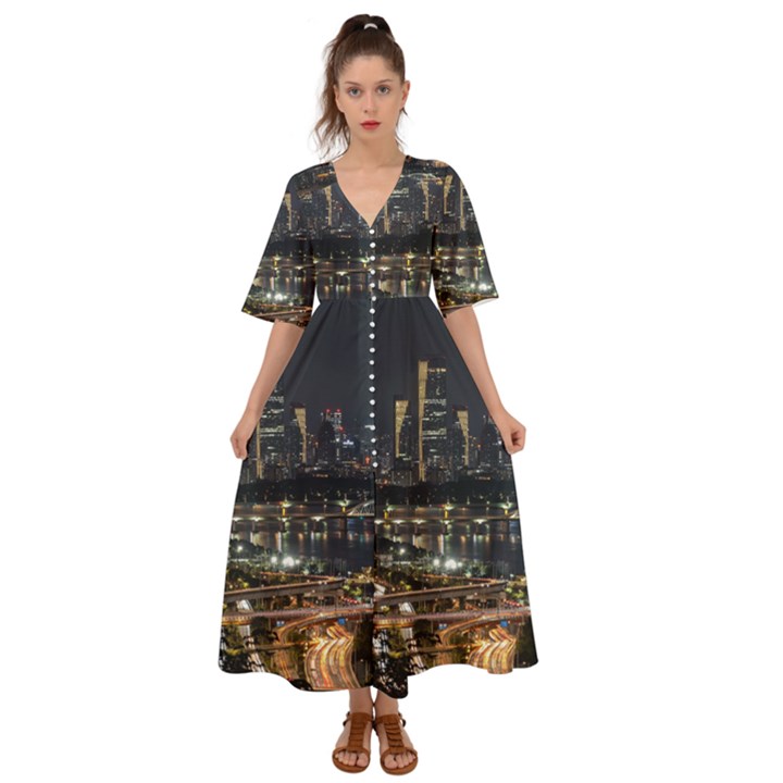 Seoul Building City Night View Kimono Sleeve Boho Dress