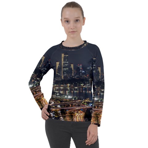 Seoul Building City Night View Women s Long Sleeve Raglan Tee by Wegoenart