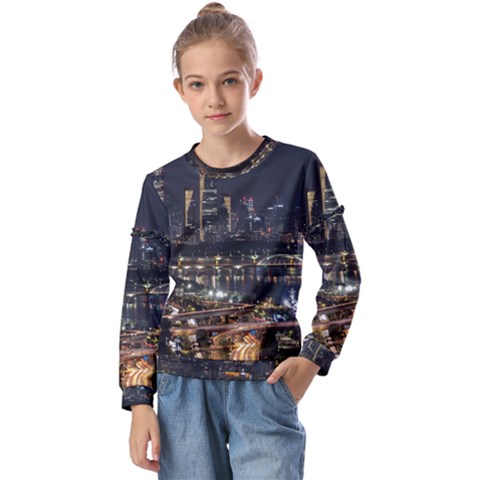 Seoul Building City Night View Kids  Long Sleeve Tee With Frill  by Wegoenart