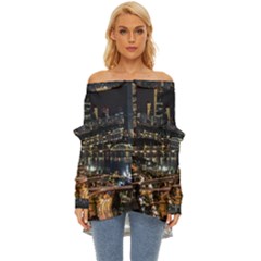 Seoul Building City Night View Off Shoulder Chiffon Pocket Shirt by Wegoenart